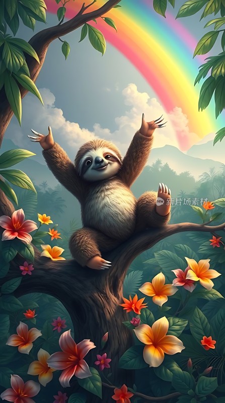 树上的快乐树懒与彩虹