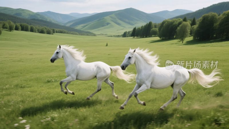 草原上两匹白马奔腾