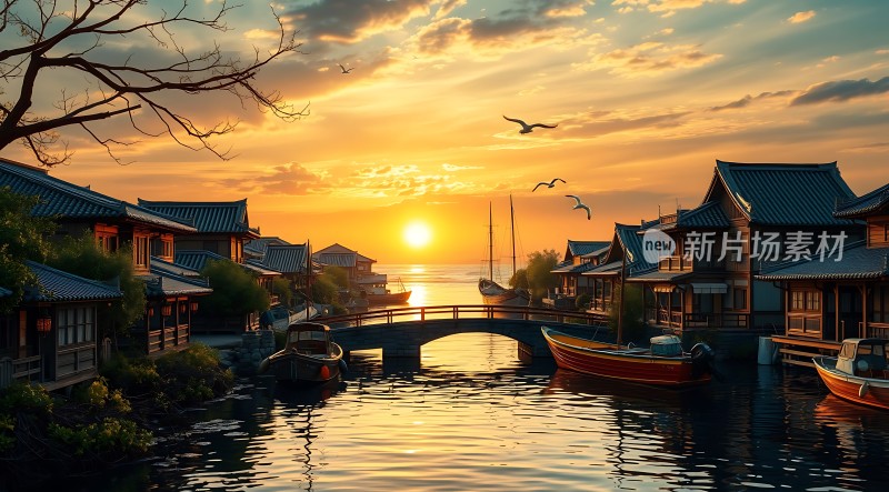 日落下的水乡美景