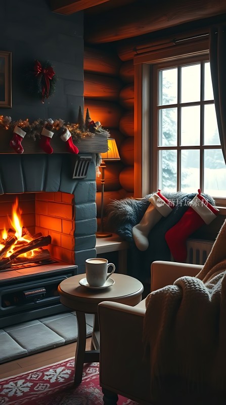 冬日暖炉旁的温馨圣诞场景