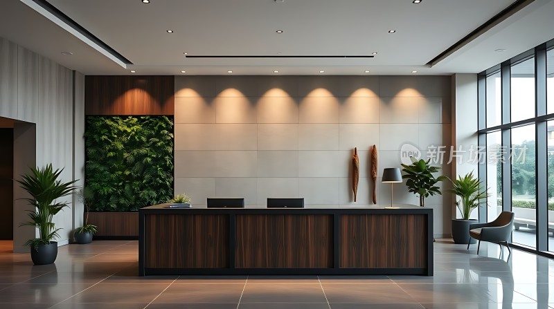 现代简约大堂绿植与木制接待台相映成趣