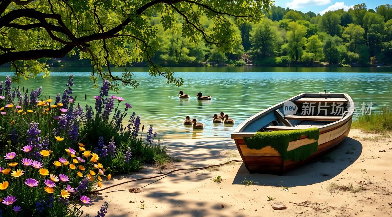 湖畔花语小船静卧