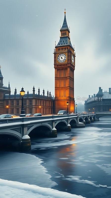 伦敦冬日美景冰封泰晤士河畔大本钟
