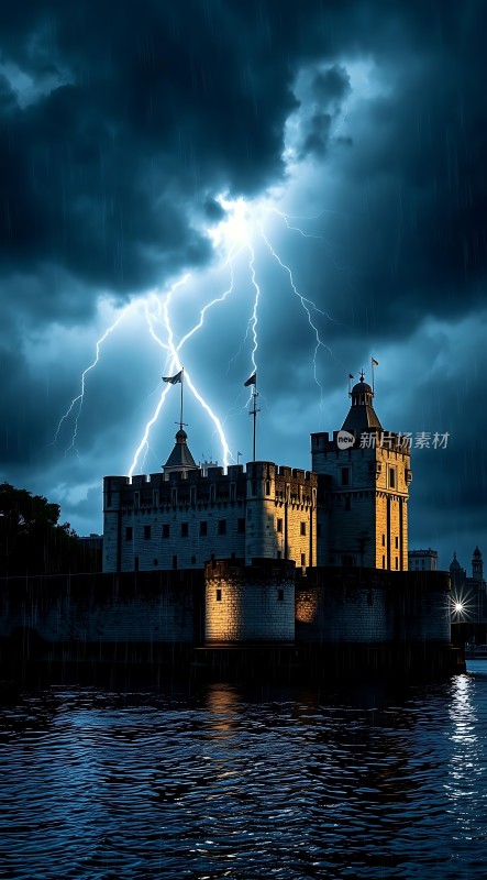 雷雨夜中城堡的闪电奇观