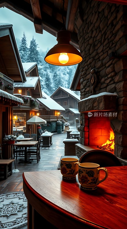 雪夜温馨小屋壁炉旁的温暖时光