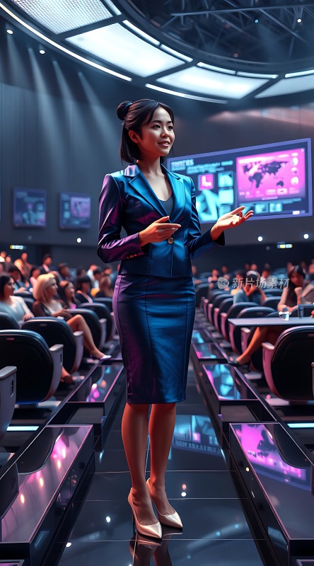 商务女性在科技感十足的会议室中自信演讲