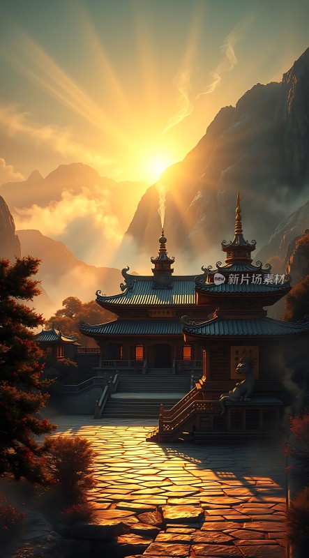 晨曦中的古寺与山景