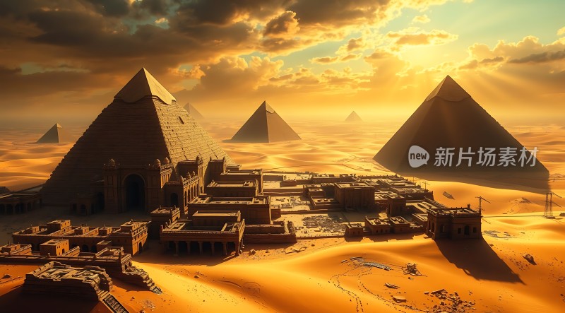 古埃及金字塔与沙漠日落