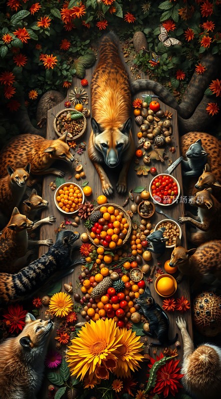 动物盛宴狐狸与水果的和谐共舞