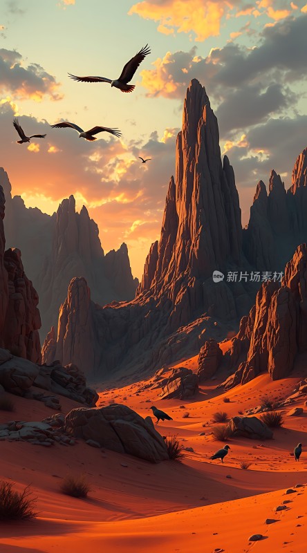 日落下的沙漠奇景