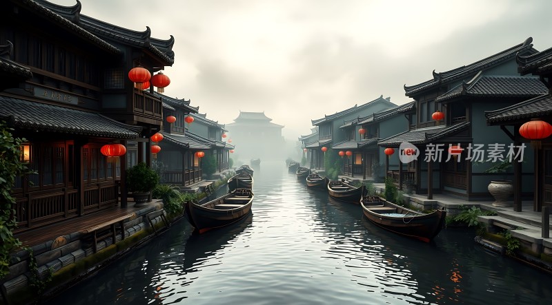 古巷水乡红灯笼映照宁静河岸