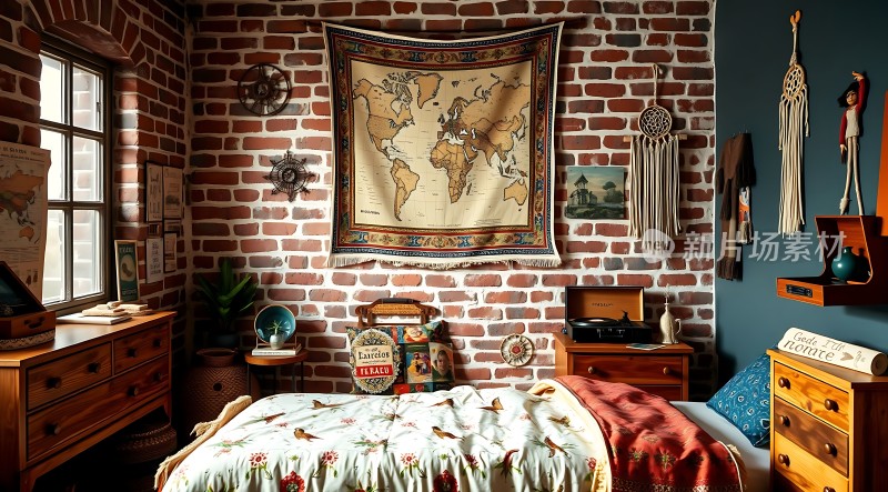 复古卧室砖墙地图装饰温馨舒适