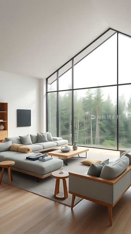 现代简约客厅大落地窗自然光线充足舒适沙发宁静森林景观