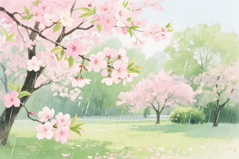 春日樱花风景插画