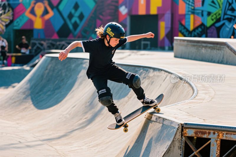 小孩在滑板场玩滑板