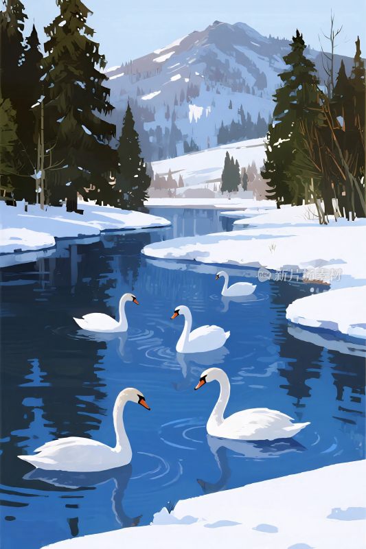 雪景天鹅溪流插画