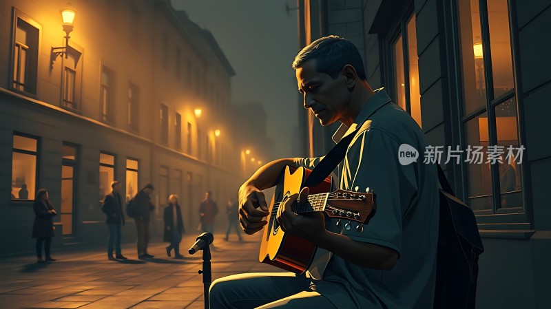 街头吉他手夜色中弹奏旋律