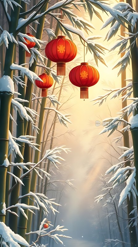 雪竹灯笼映晨光