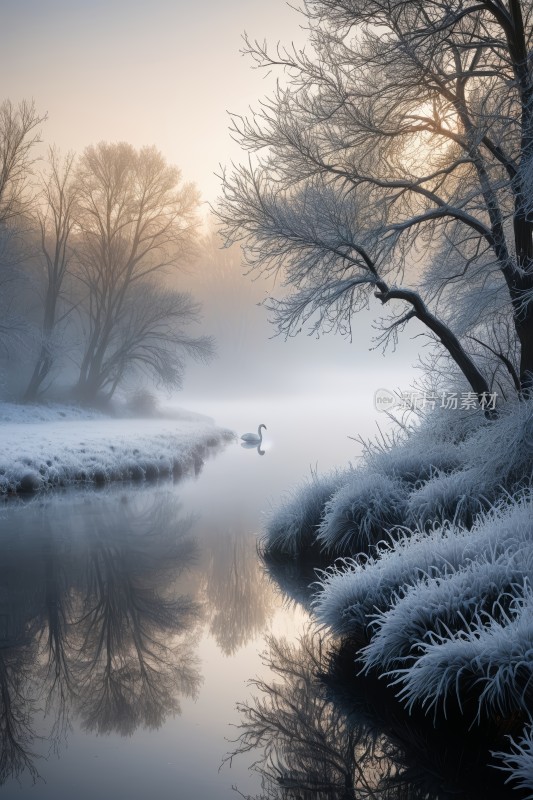 在水中用树木和地面上的雪对天鹅进行风景