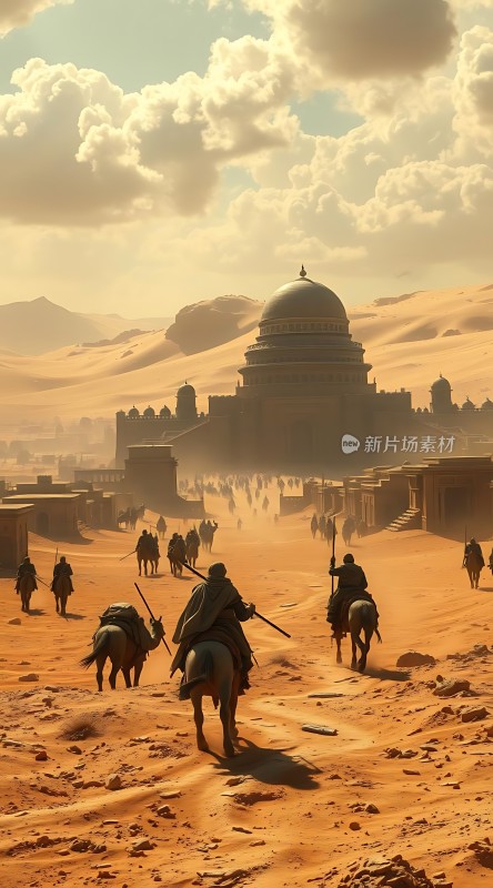 沙漠驼队行进中的神秘古城