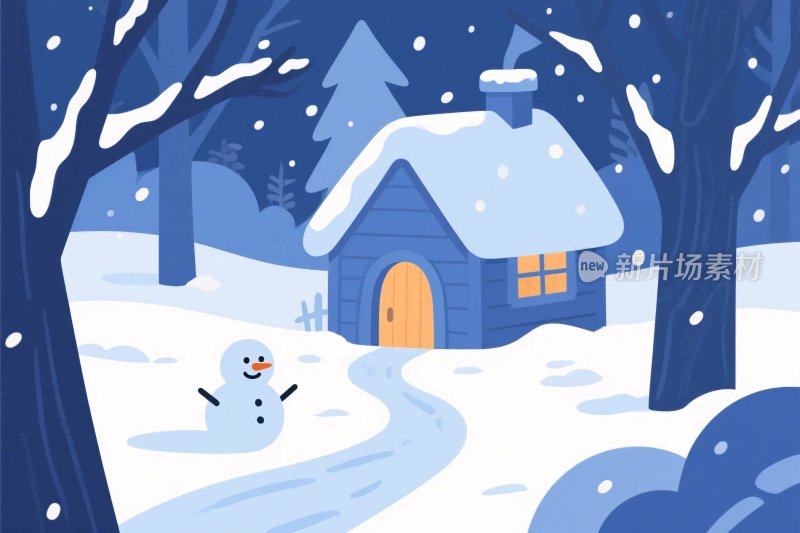 冬季雪景小屋雪人插画