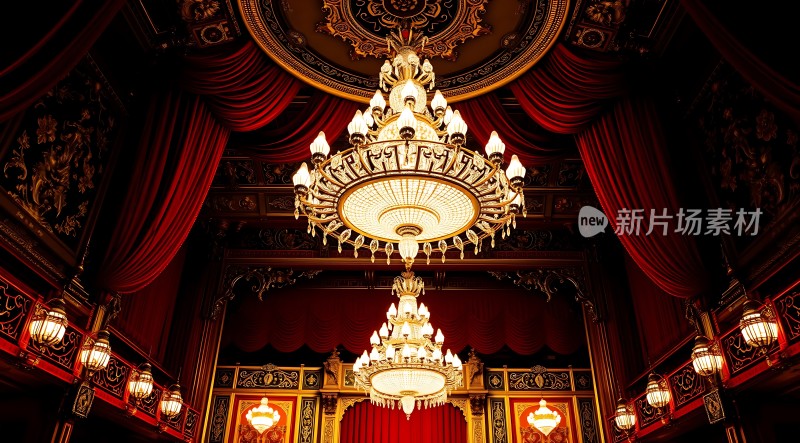 华丽剧院璀璨吊灯映红幕