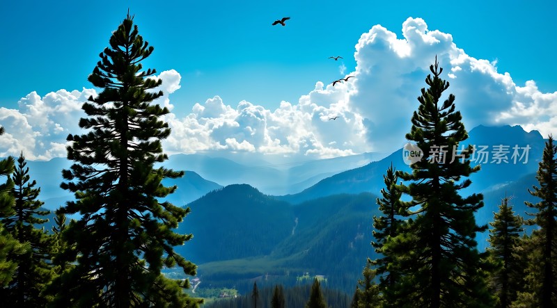 蓝天白云下的翠绿山脉