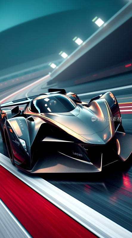 未来座驾黑色流线型赛车在赛道上疾驰