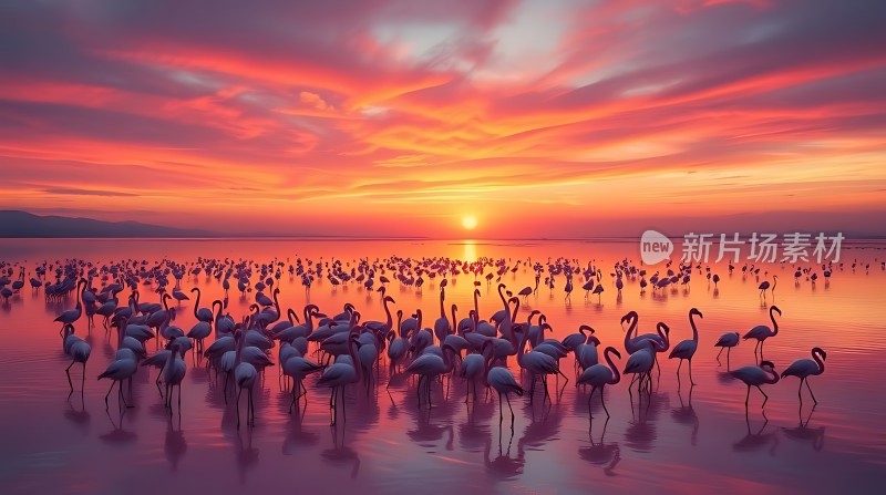 日落下的火红天空与成群的火烈鸟