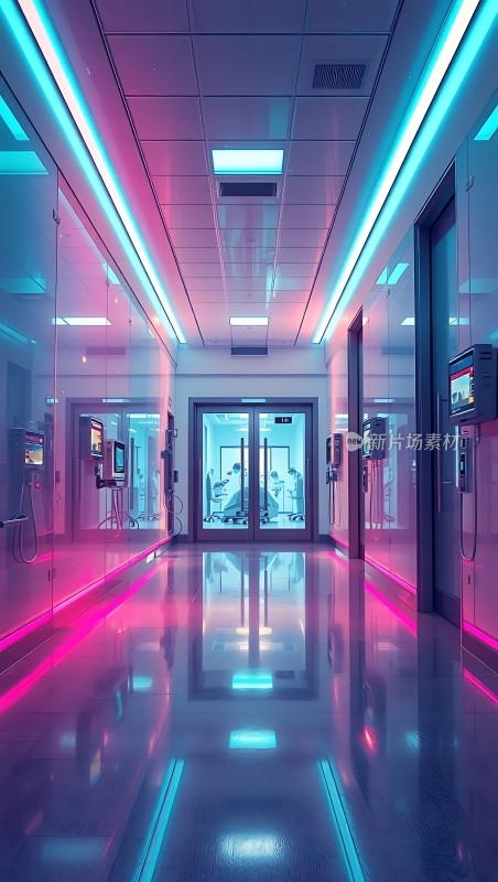 科技感走廊霓虹灯光映照未来世界