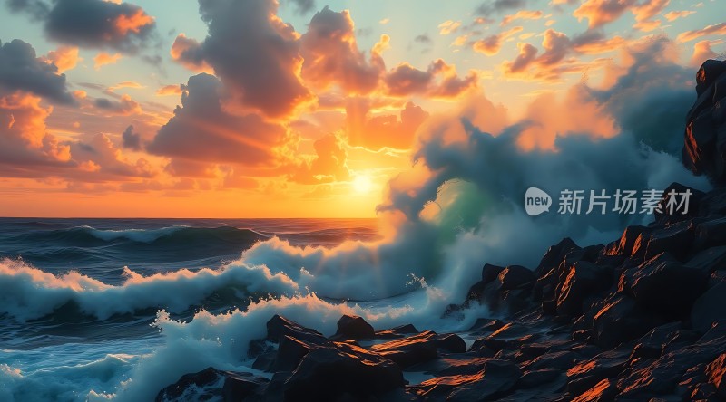 日落时分的海浪与岩石