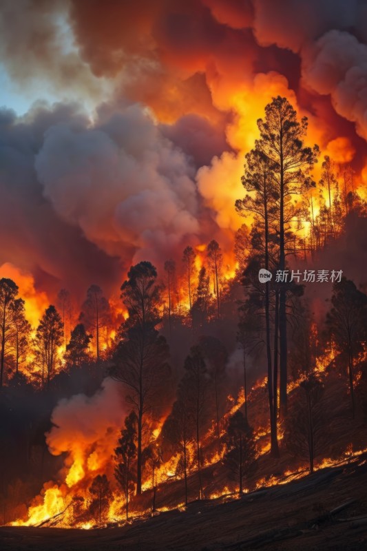 当森林大火燃烧时火焰和烟雾从山坡上升起