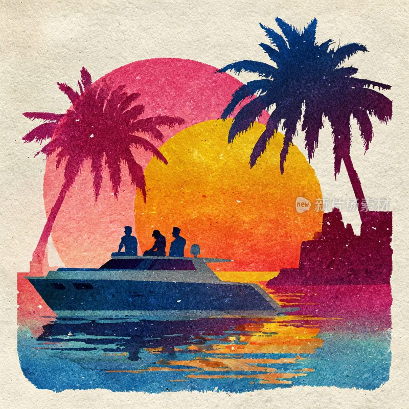 夕阳下的游艇与棕榈树风景