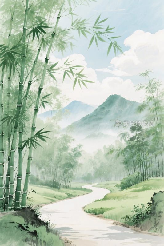 山水竹林风景插画