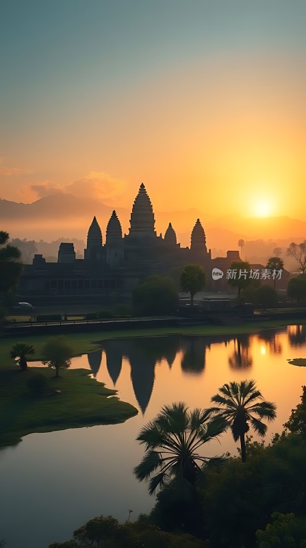 日出时分的吴哥窟剪影
