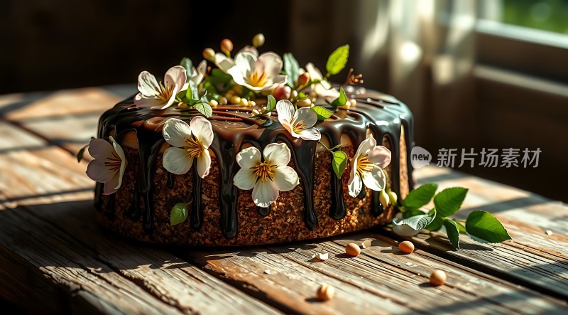 巧克力蛋糕上的鲜花装饰