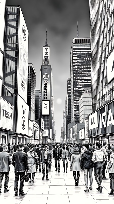 繁华都市街头摩天大楼林立人群熙攘广告牌琳琅满目