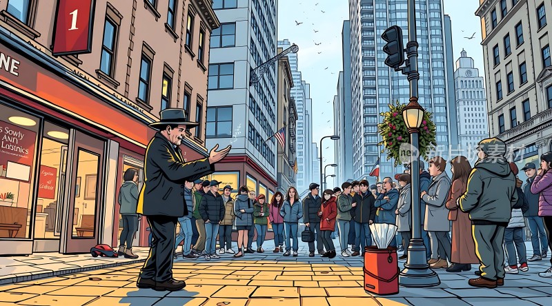 街头表演者与观众互动的城市街景