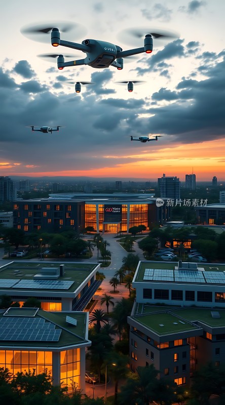 无人机编队飞越科技园区日落时分