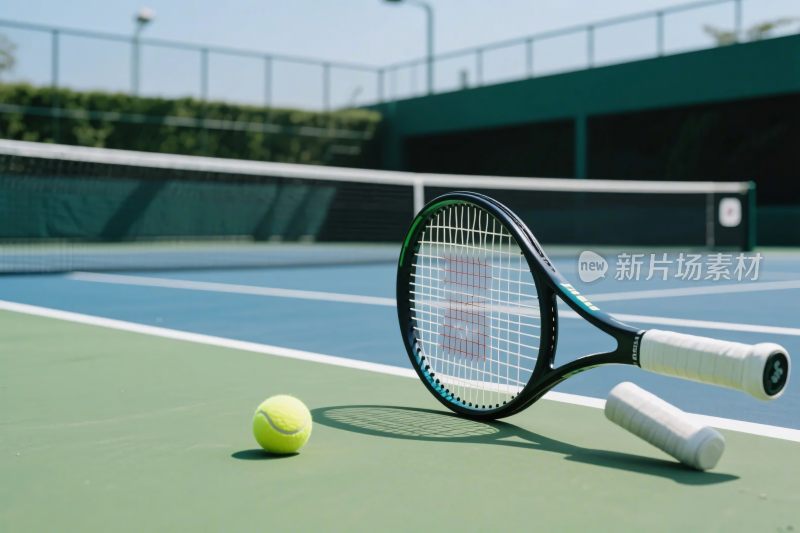 网球场上的网球与球拍