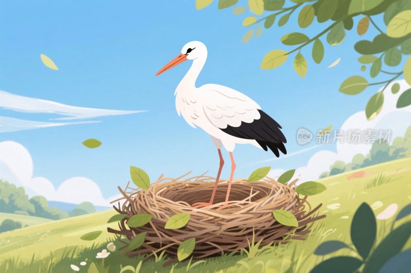 白鹳栖息鸟巢插画