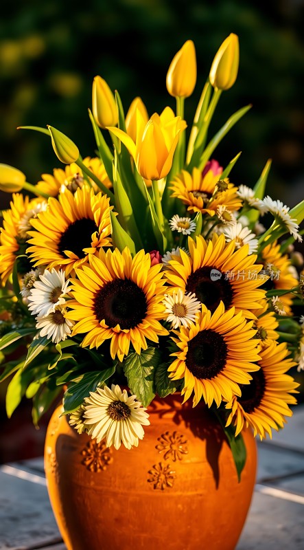 阳光下的向日葵与郁金香