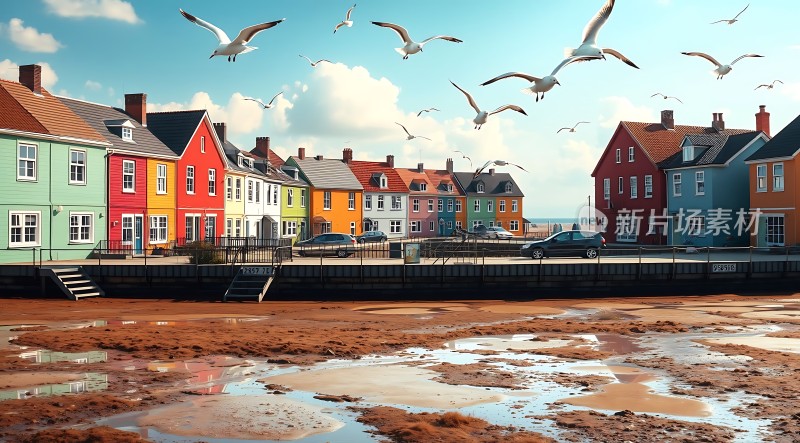 多彩房屋与飞翔海鸥