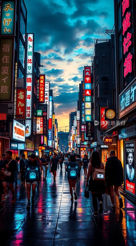 霓虹灯下的繁华街道夜幕降临前的喧嚣与活力