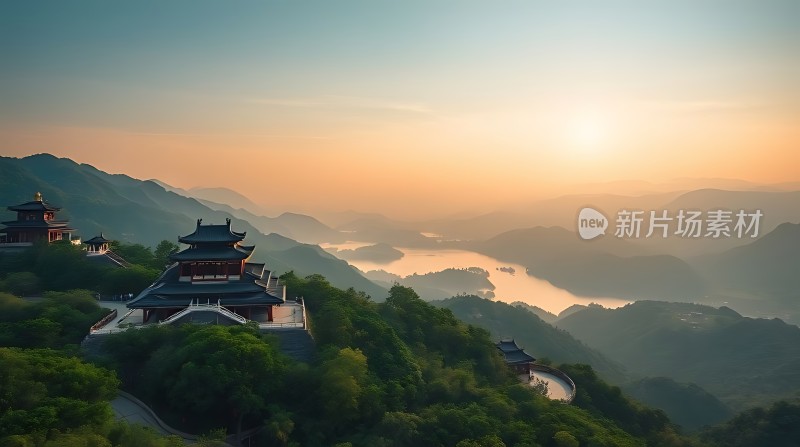 晨曦中的古建筑与山水画卷