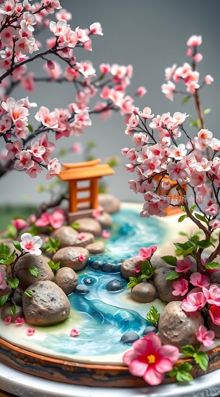 春日小景樱花流水石桥旁