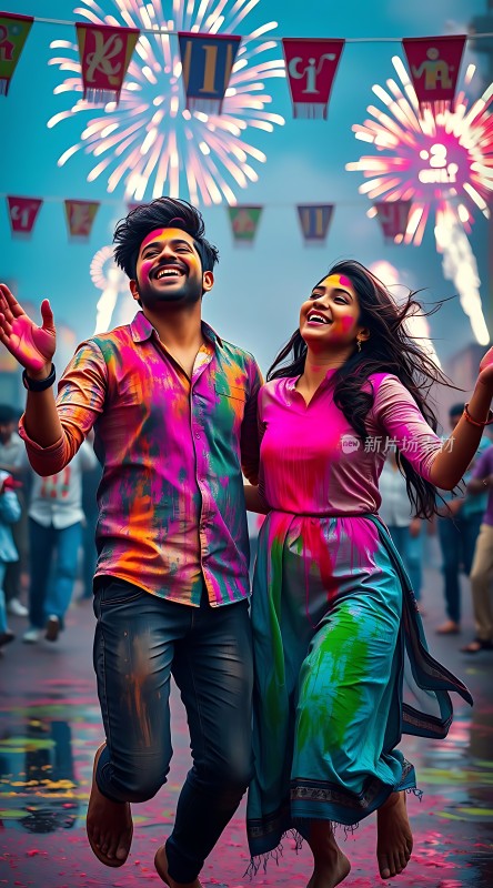 彩色狂欢节上的幸福情侣