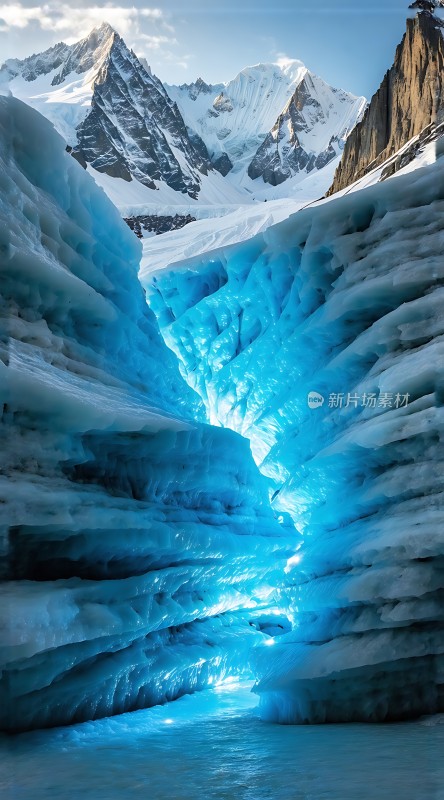 冰蓝峡谷雪峰环绕