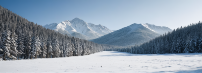 雪山树木茂盛地面积雪高清风景横幅图片