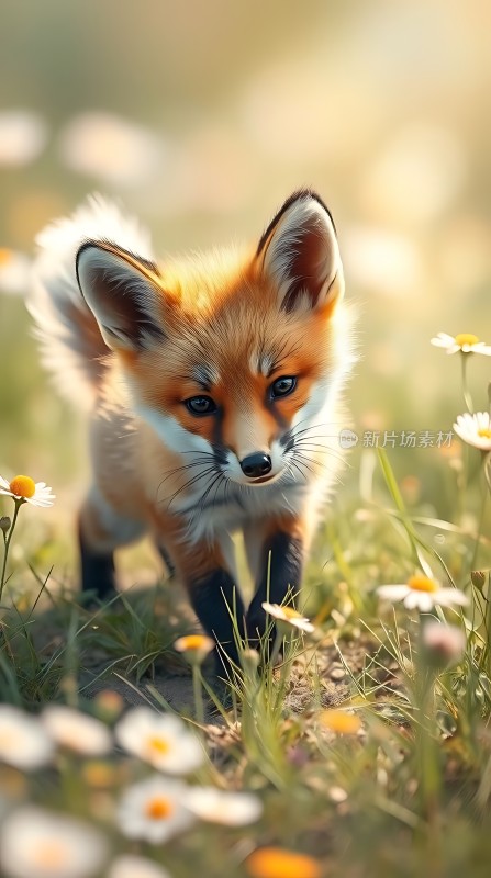 阳光下的萌狐小跑花间